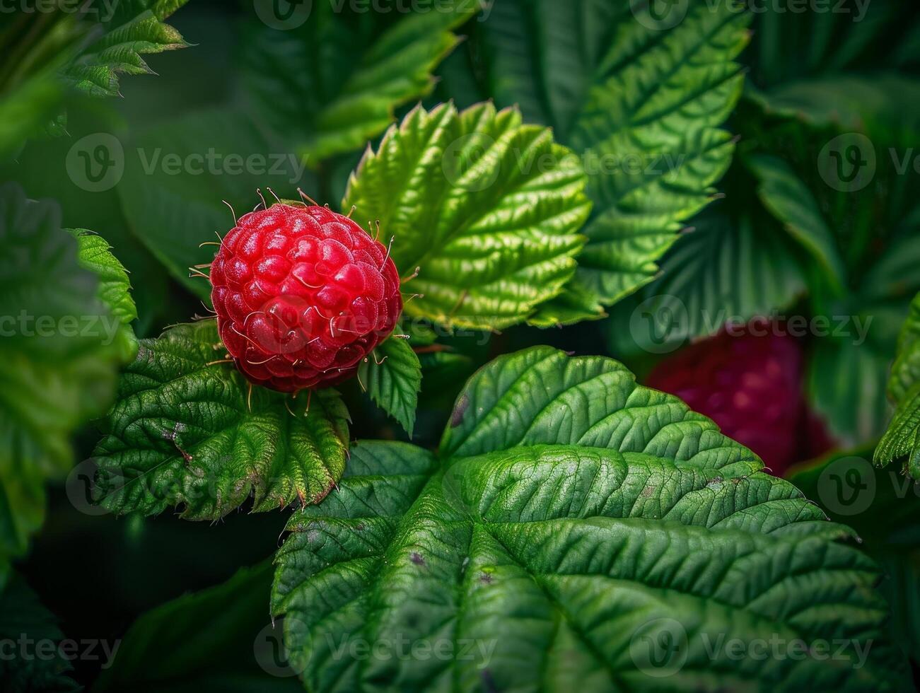 Vibrant red raspberry in lush green foliage photo