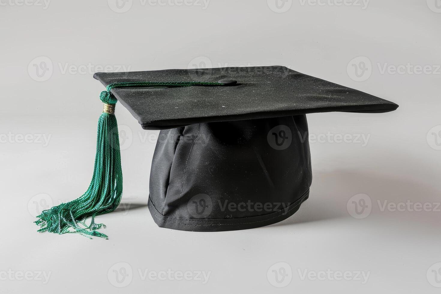 graduation cap with green tassel on plain background photo