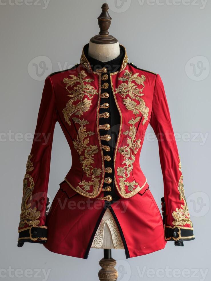 Ornate red and gold military style jacket with embroidered floral designs photo