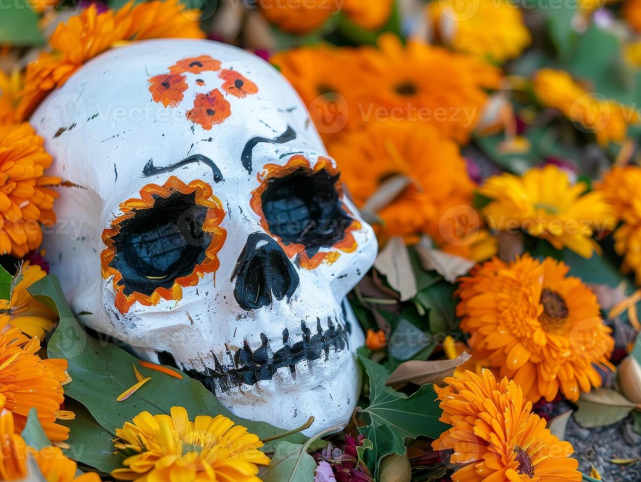 Painted skull surrounded by vibrant marigold flowers photo