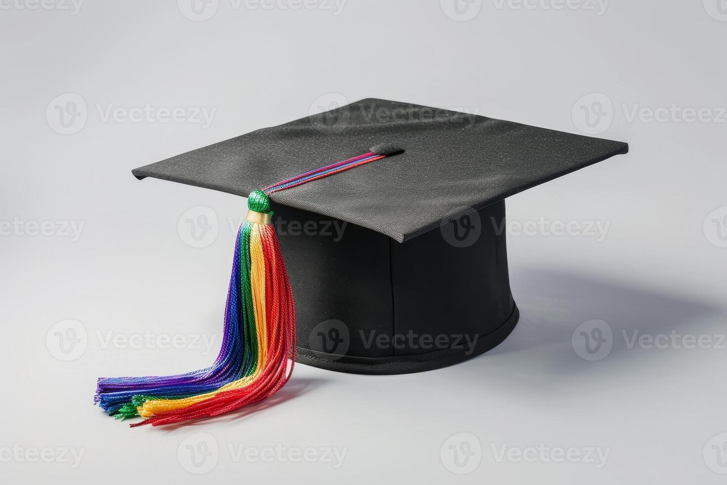 graduation cap with colorful tassel on gray background photo