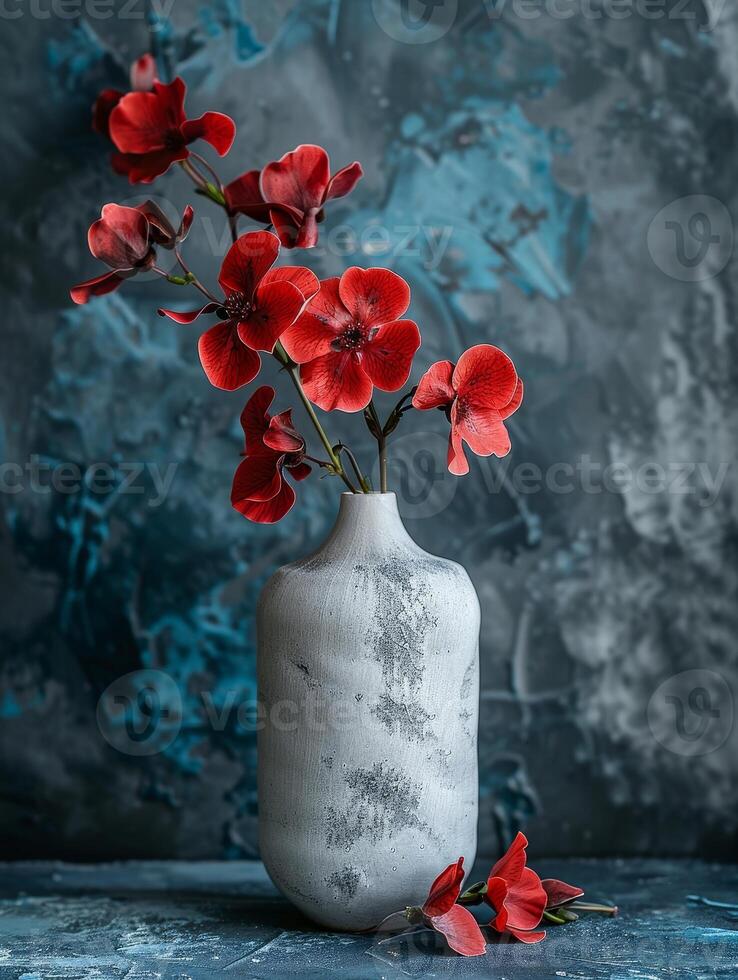 vibrant red flowers in a rustic vase photo