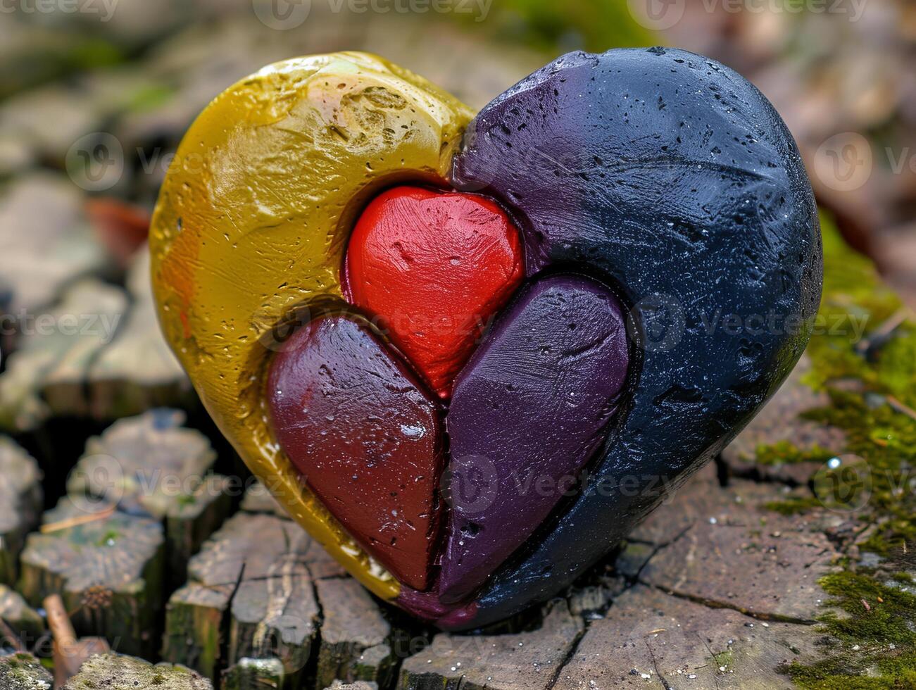 Colorful heart shaped vegetables on mossy log photo