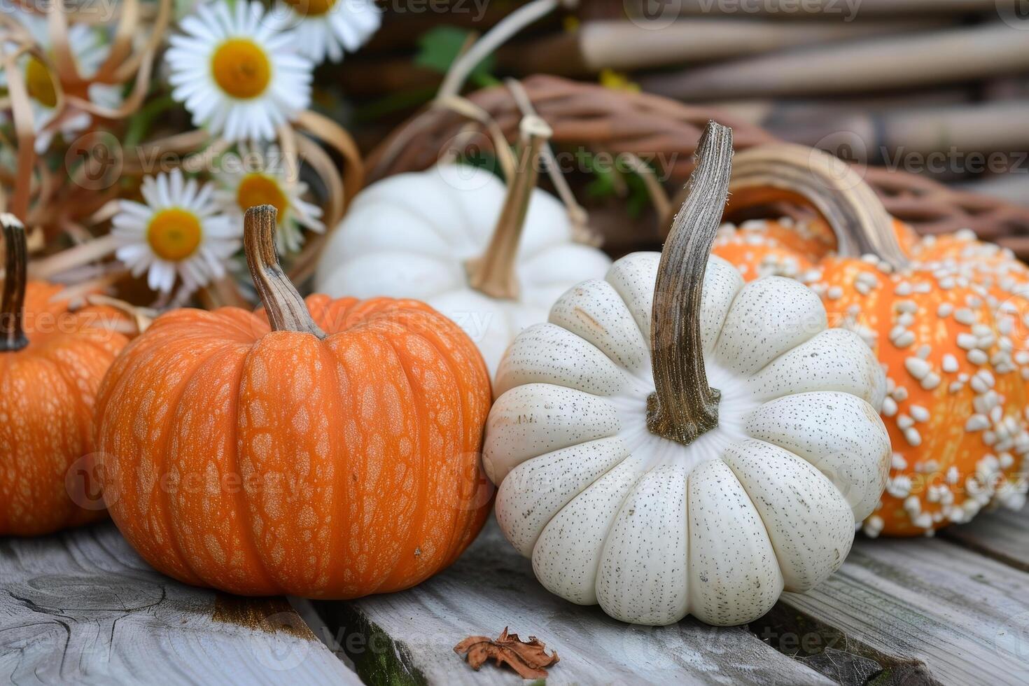 Autumn harvest still life with pumpkins and flowers photo