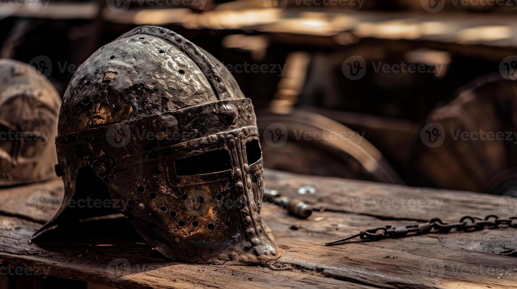 Weathered Medieval Helmet on Wooden Surface photo