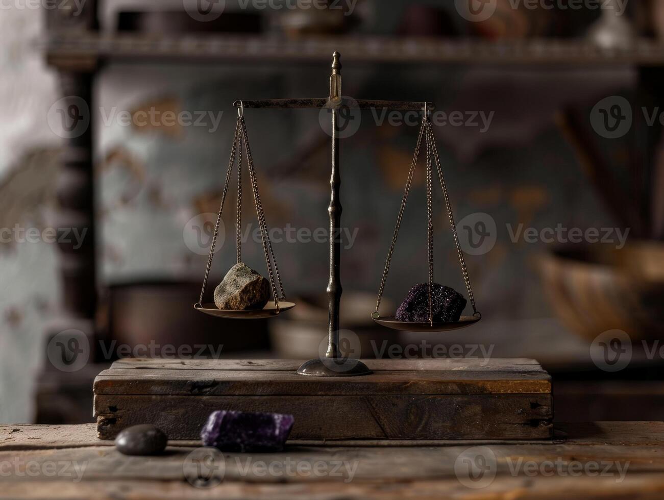 Vintage balance scale with natural stones and crystals photo