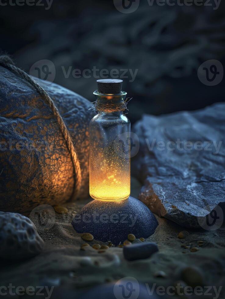 Glowing Potion Bottle on Rocks photo