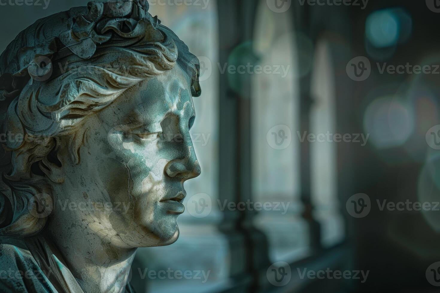 Weathered Marble Statue in Dimly Lit Hallway photo