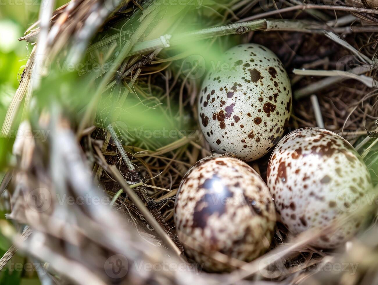 Speckled bird eggs in a nest photo