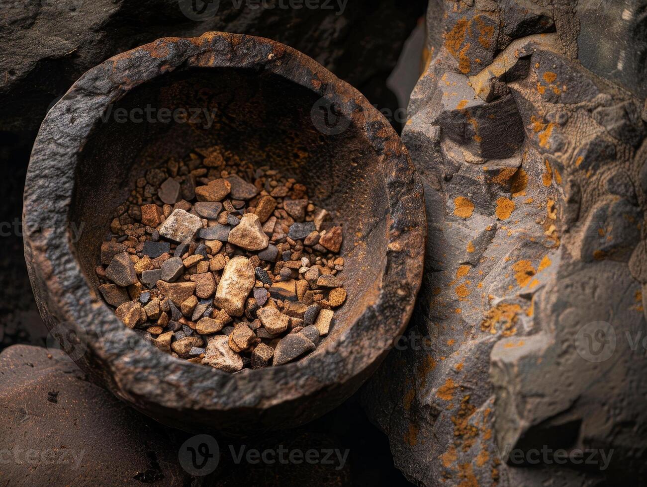Rusty metal container with rocks photo