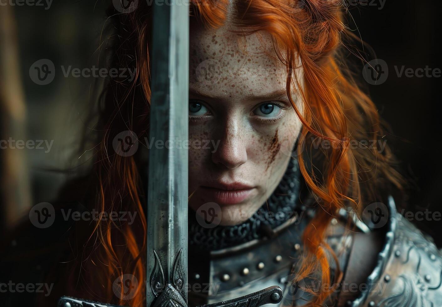 Mysterious redheaded woman with piercing blue eyes photo