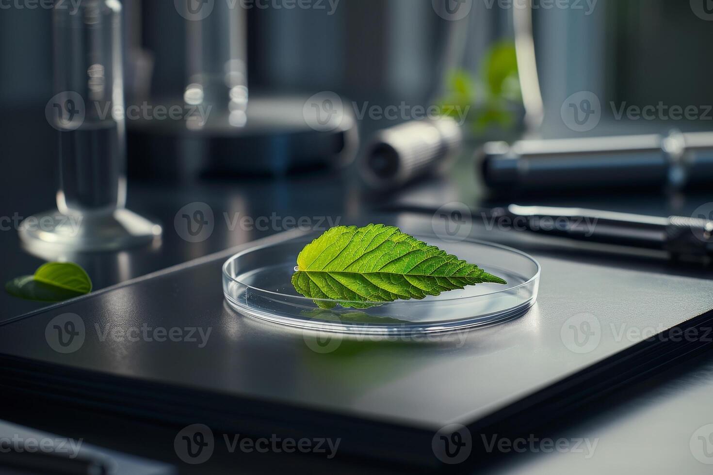 Leaf in Petri Dish on Laboratory Desk photo