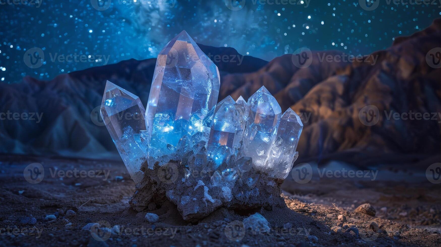 Glowing Quartz Crystals in Moonlit Landscape photo