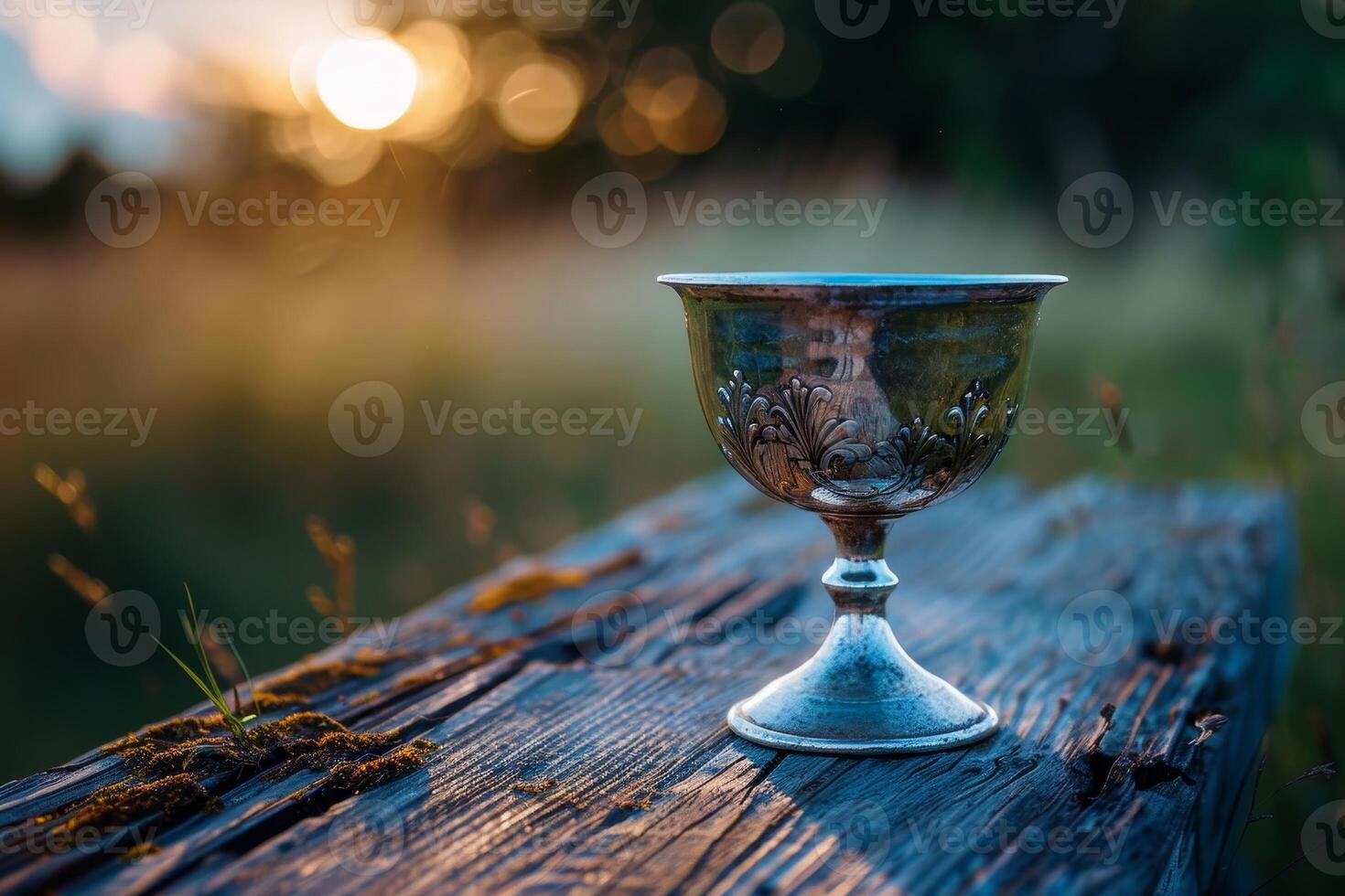 Ornate Chalice on Weathered Wooden Surface photo