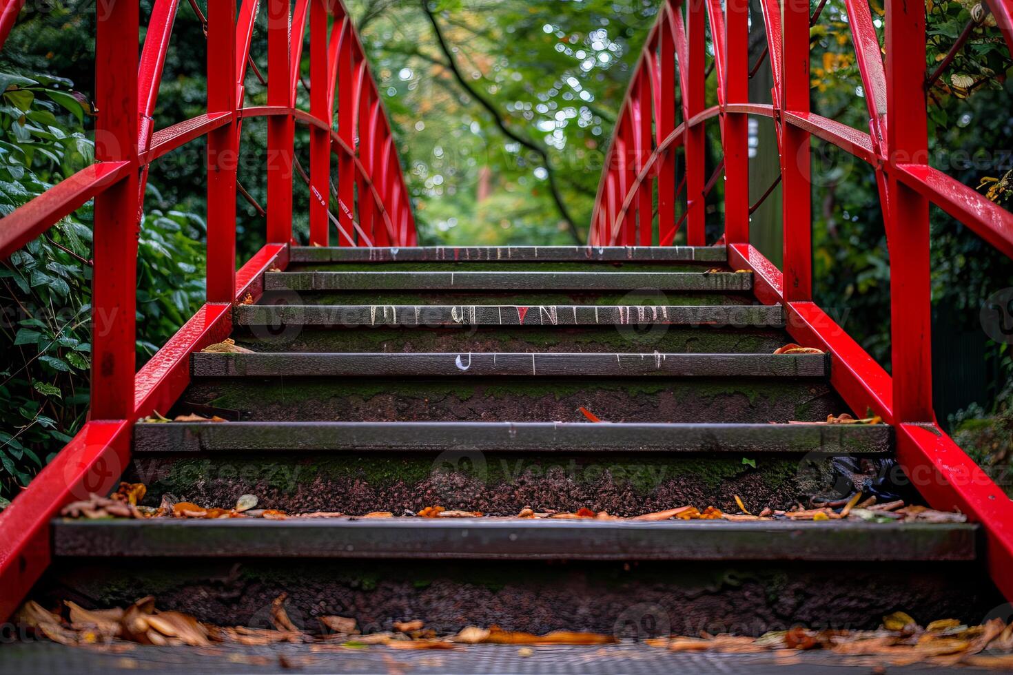 Vibrant Red Bridge in Lush Forest photo