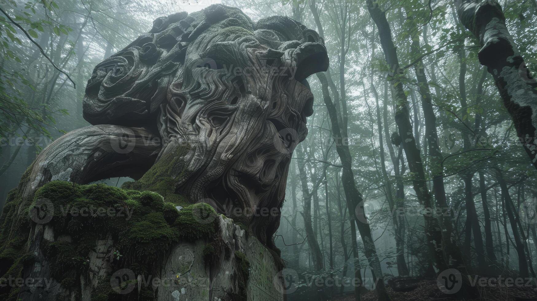 Mysterious Carved Creature in Misty Forest photo