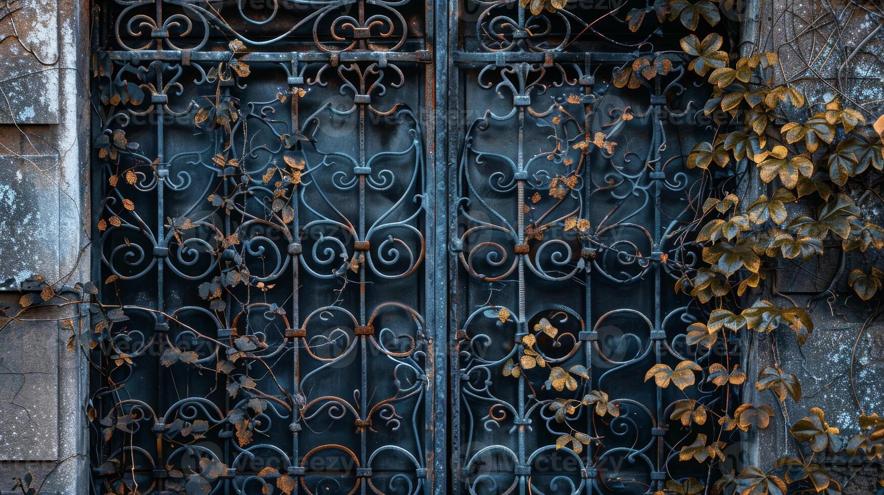 Ornate Wrought Iron Gate with Autumn Leaves photo
