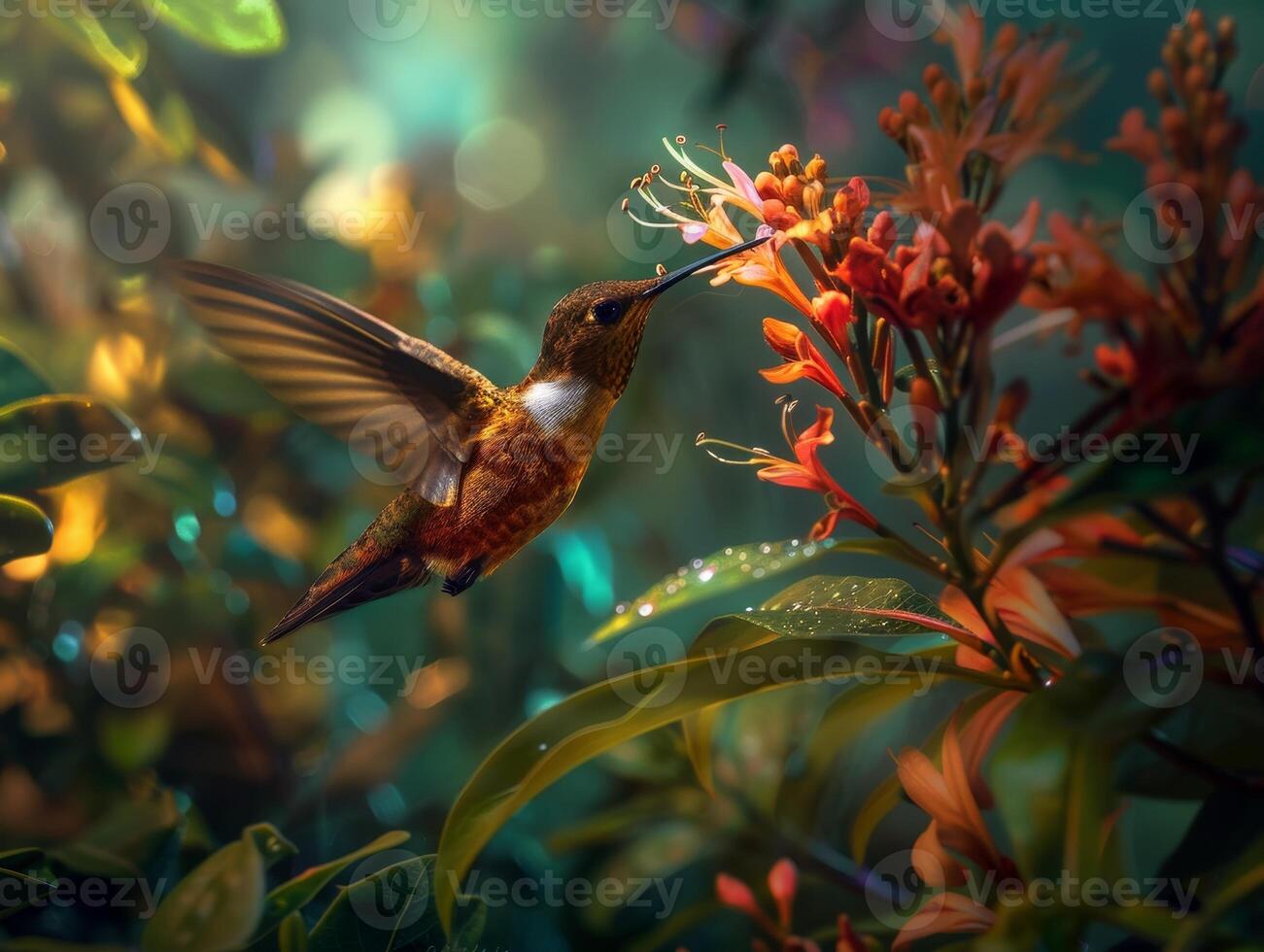 Hummingbird Feeding on Vibrant Flowers photo