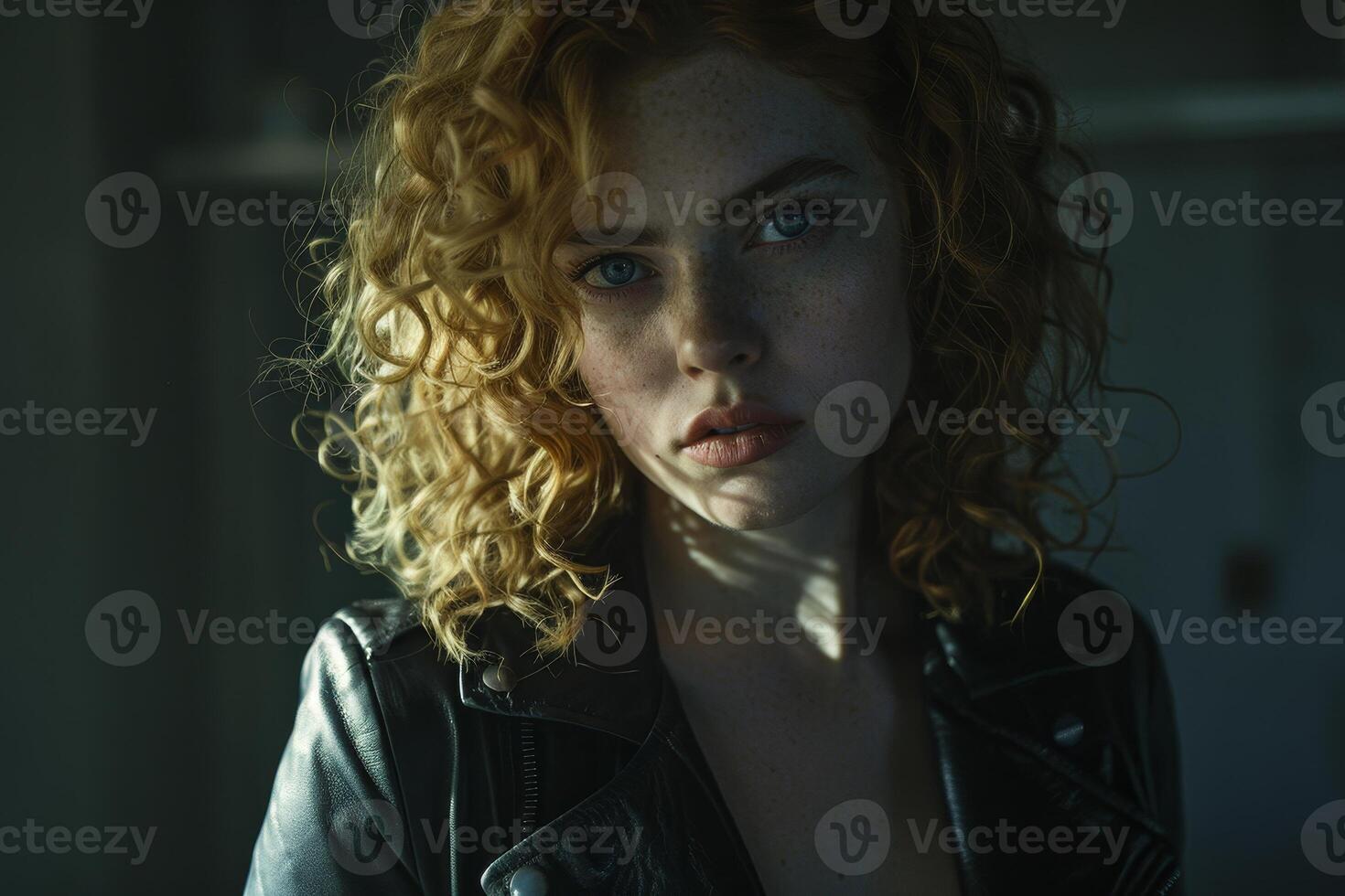 Pensive young woman with curly blonde hair photo
