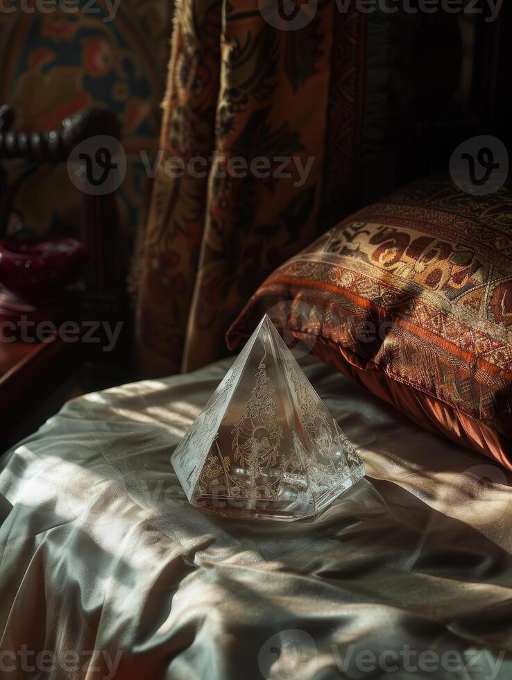 Mystical Crystal Pyramid on Ornate Bedding photo
