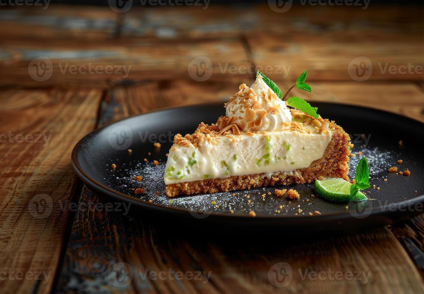 Delicious Lime Pie Dessert on Wooden Table photo