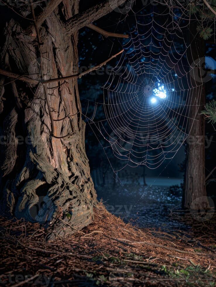 Enchanting Nighttime Forest Scene with Intricate Spider Web photo