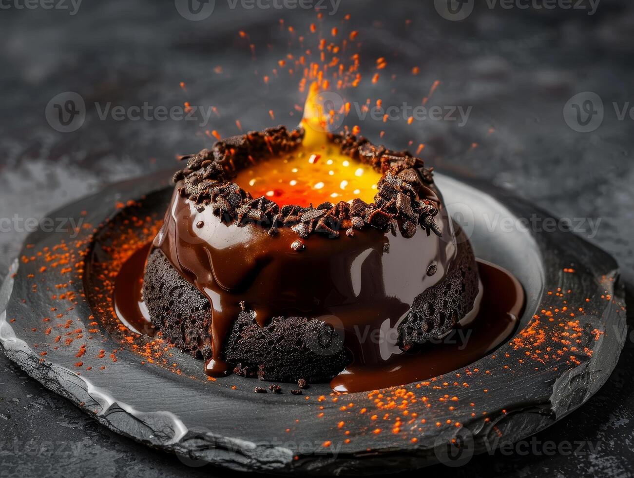 Decadent chocolate lava cake with fiery orange glaze photo