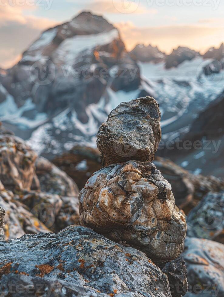 Rugged mountain landscape with weathered rock formation photo