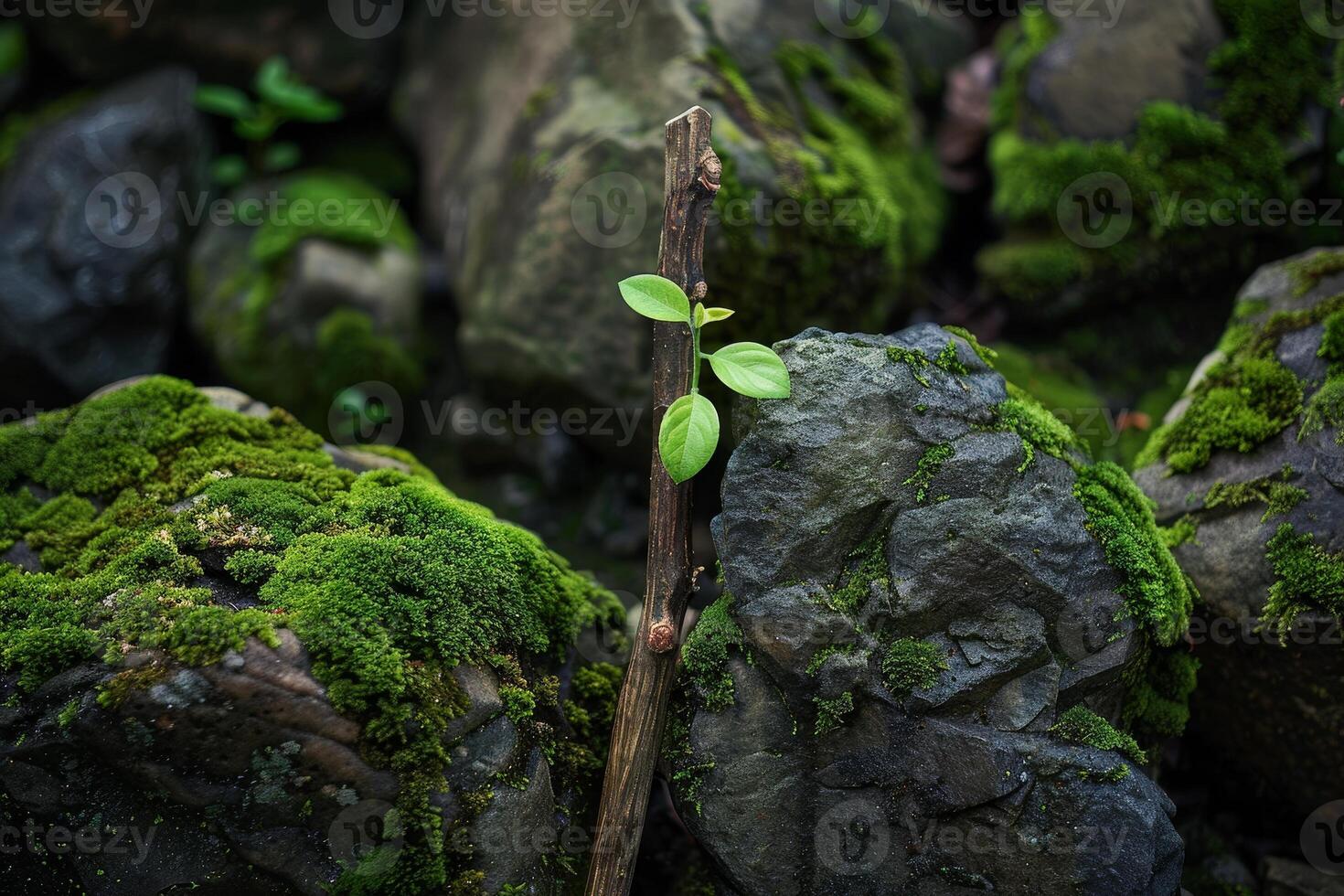 Moss covered rocks and a small plant growing in a lush, natural environment photo