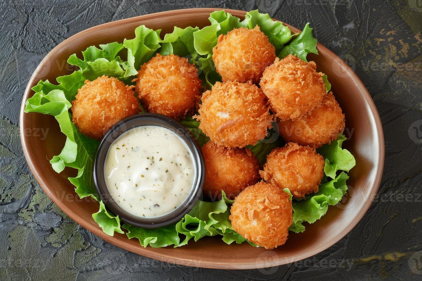 Delicious fried breaded snacks with dipping sauce photo