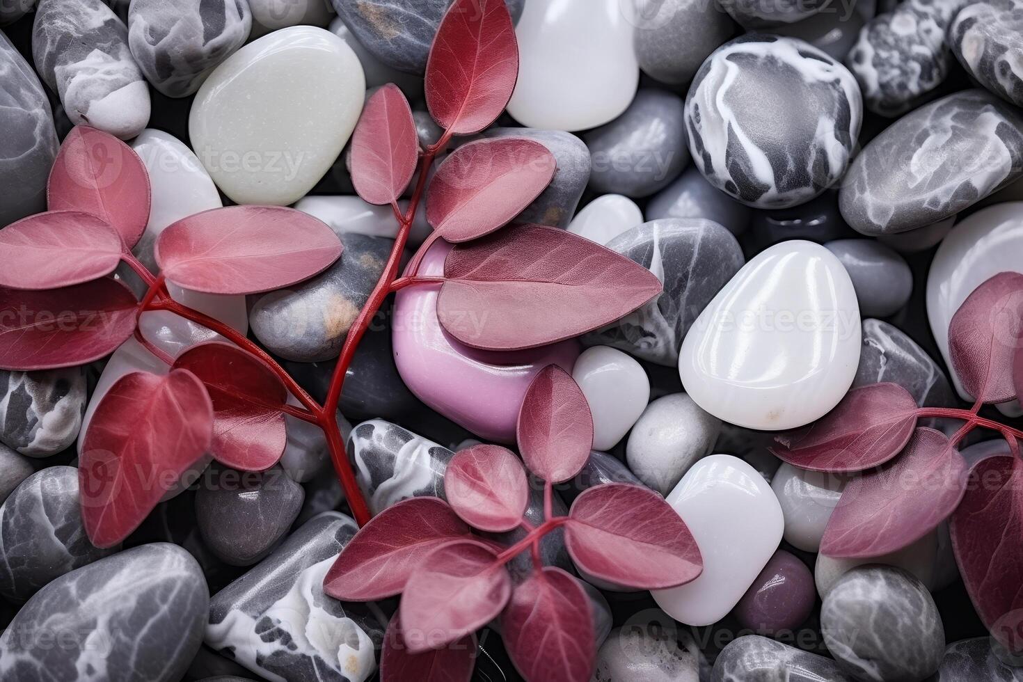 Assorted natural stones and leaves photo