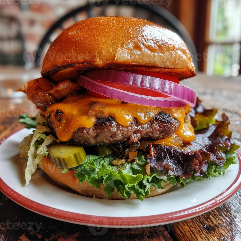 Delicious Cheeseburger on Wooden Table photo