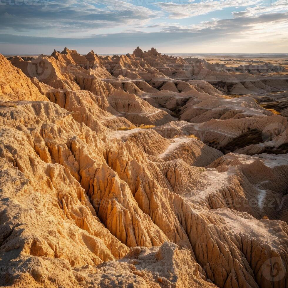 Dramatic Badlands Landscape at Sunset photo