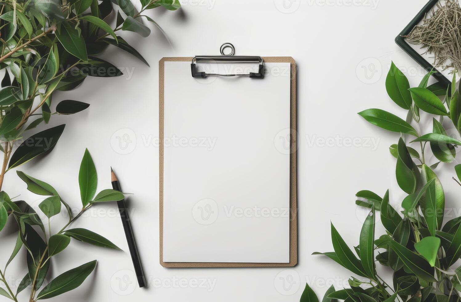 Minimalist office desk with clipboard and greenery photo