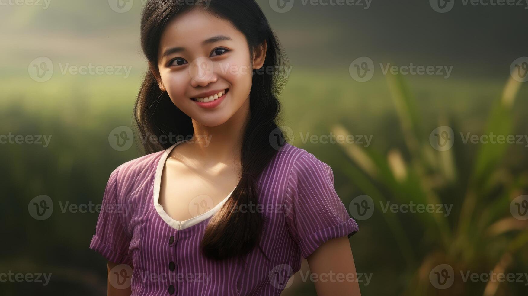 Smiling young woman in purple dress photo