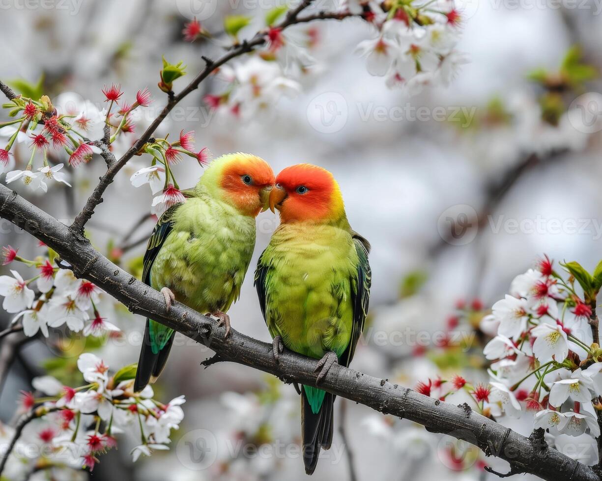 Colorful Lovebirds in Blooming Cherry Blossoms photo