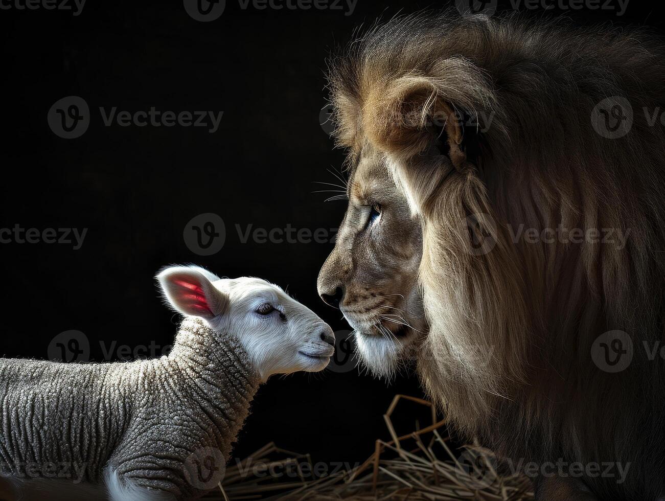 Powerful lion and innocent lamb photo