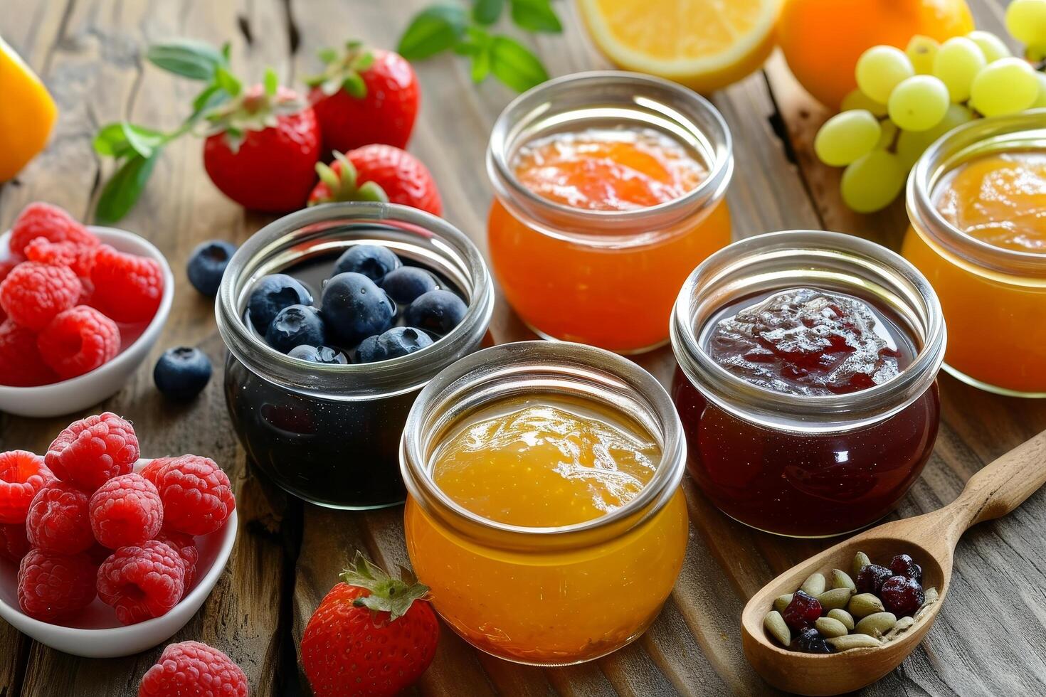 Assortment of Homemade Jams and Fresh Fruits photo