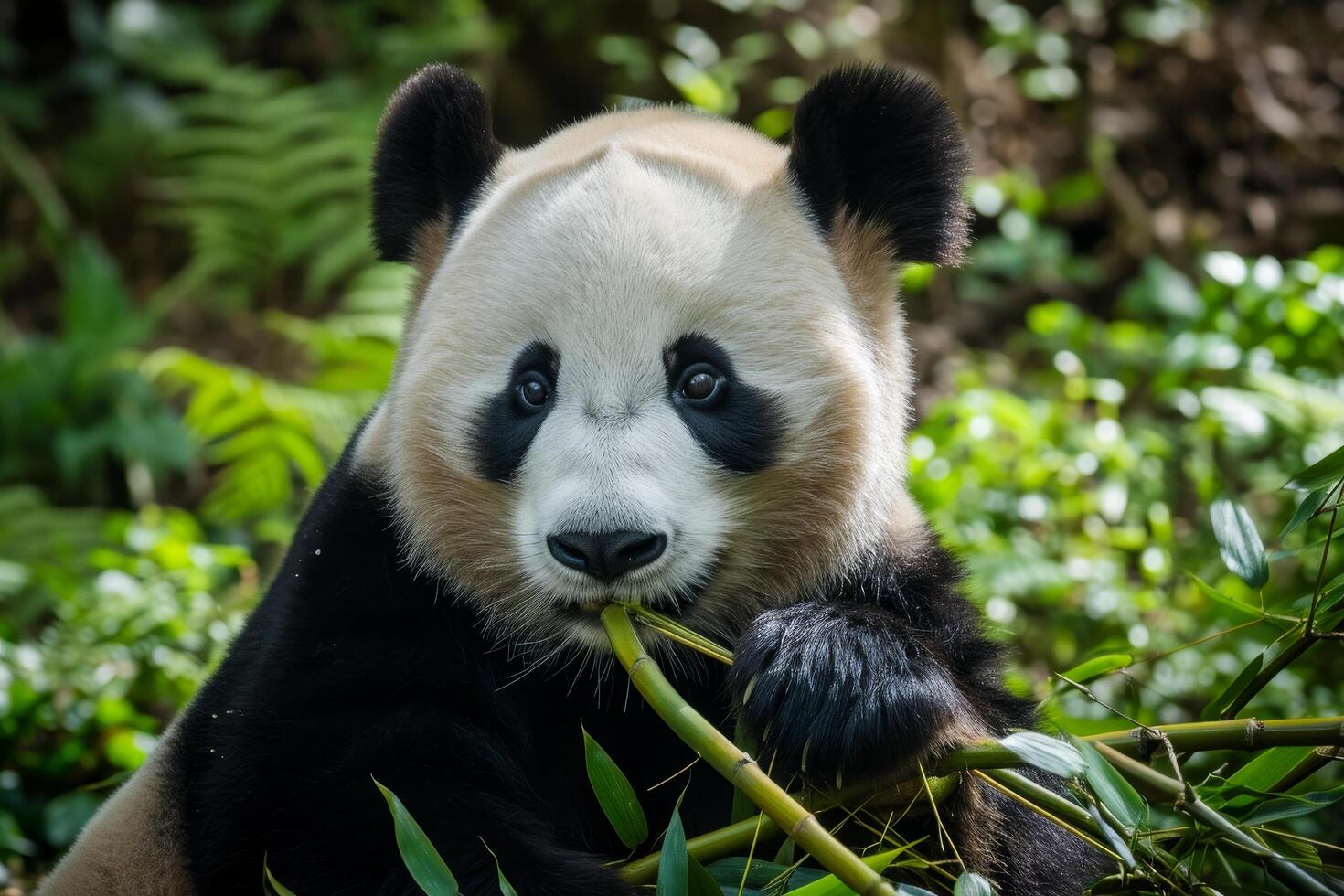 Adorable panda bear eating bamboo in lush forest photo