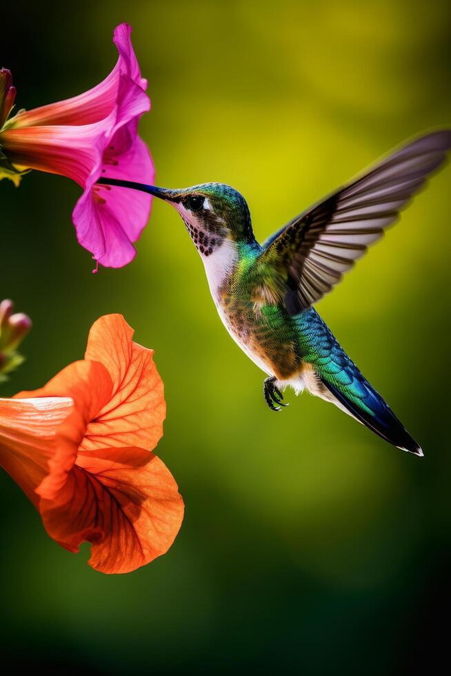 Hummingbird feeding on vibrant flowers photo