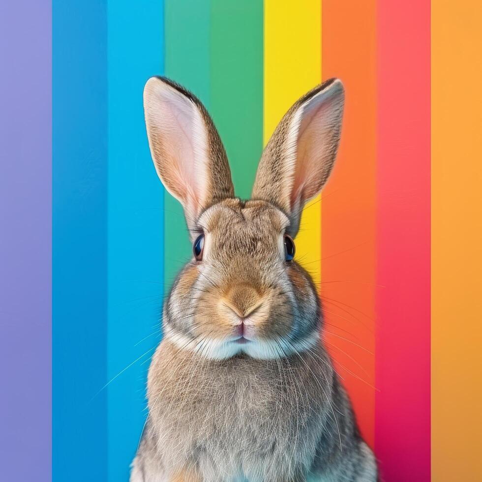 Cute rabbit in front of colorful background photo