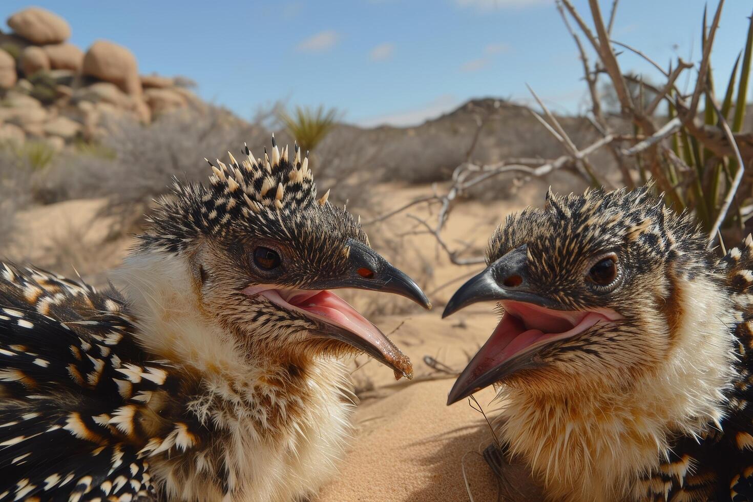 Curious desert birds with vibrant feathers photo
