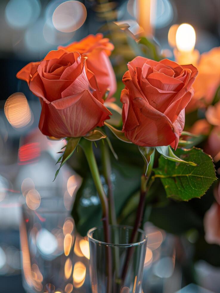 Vibrant orange roses in a glass vase with blurred lights in the background photo