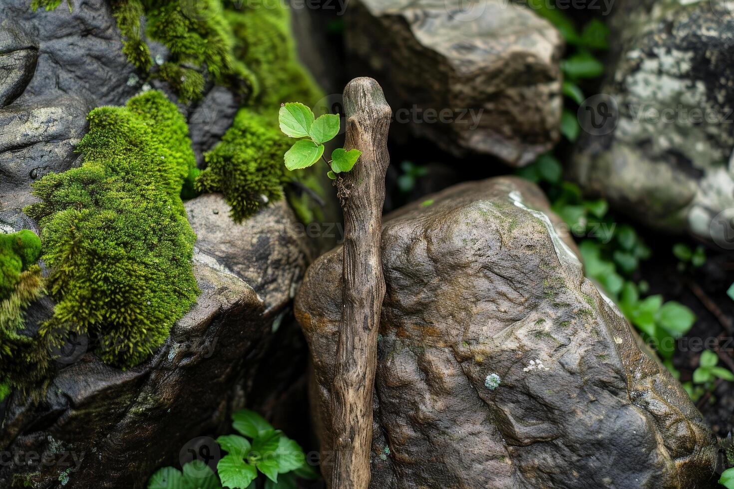 Moss covered rocks and a wooden stick in a lush, green forest photo