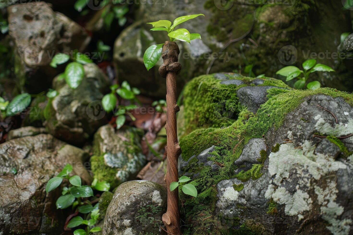 Moss covered rock with sprouting plant photo
