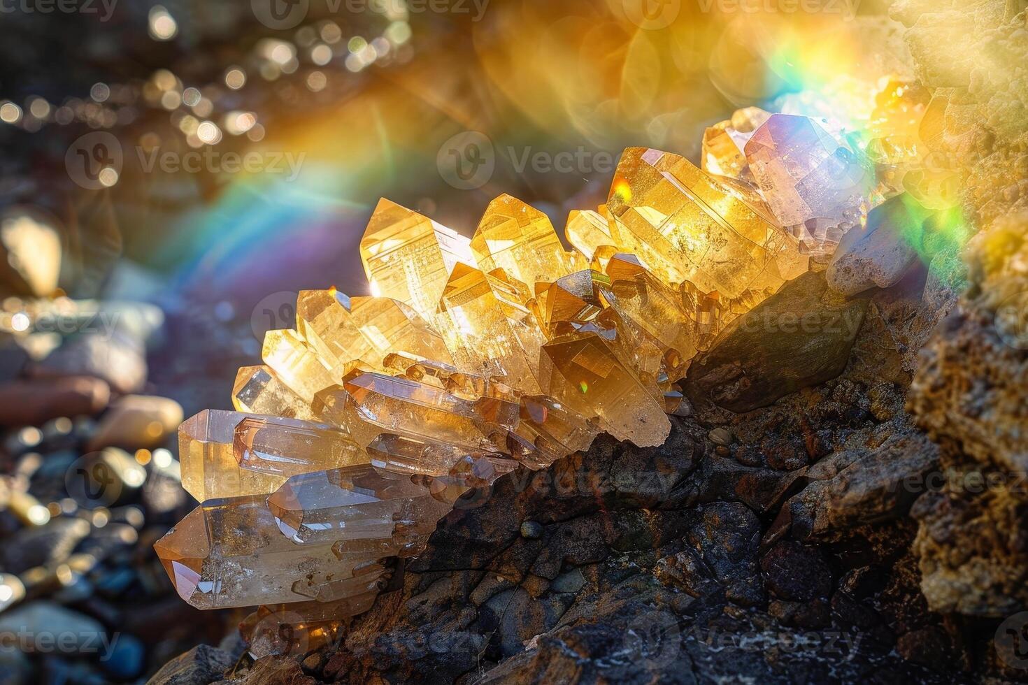 Sparkling golden crystals on rock photo