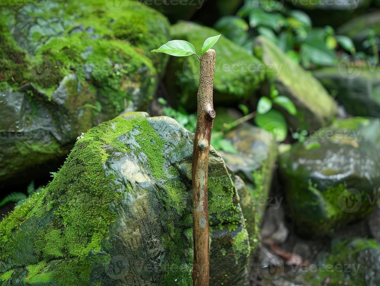 Sprouting seedling on mossy rock photo
