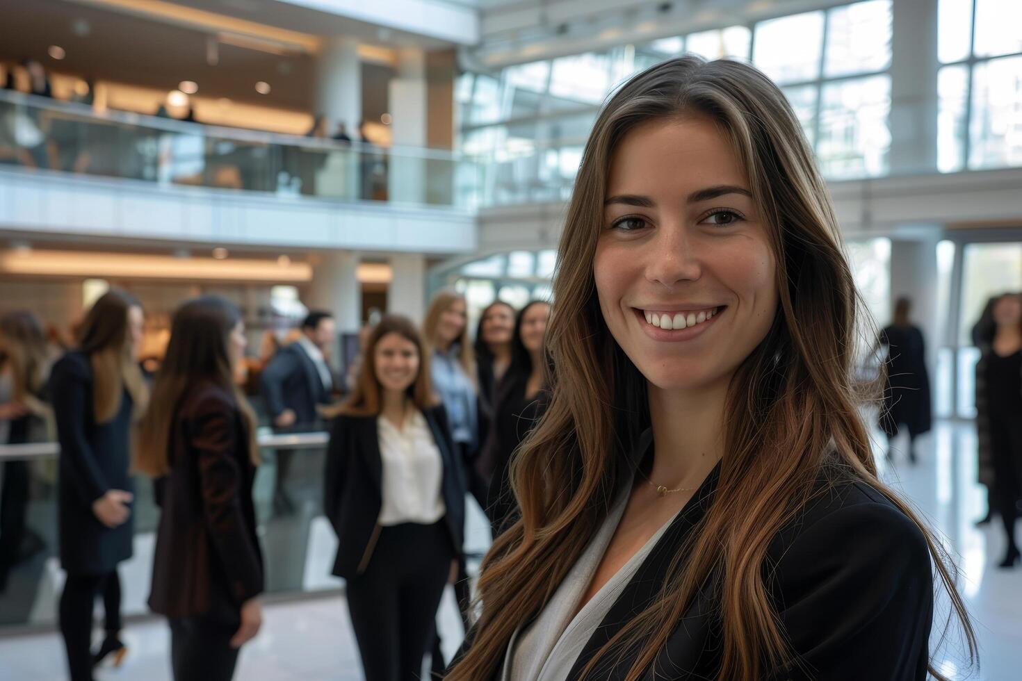 Smiling young woman in business attire at office photo