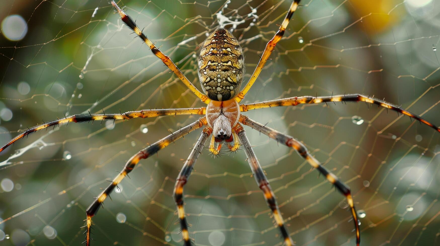 Intricate spider web with a vibrant spider in the center photo