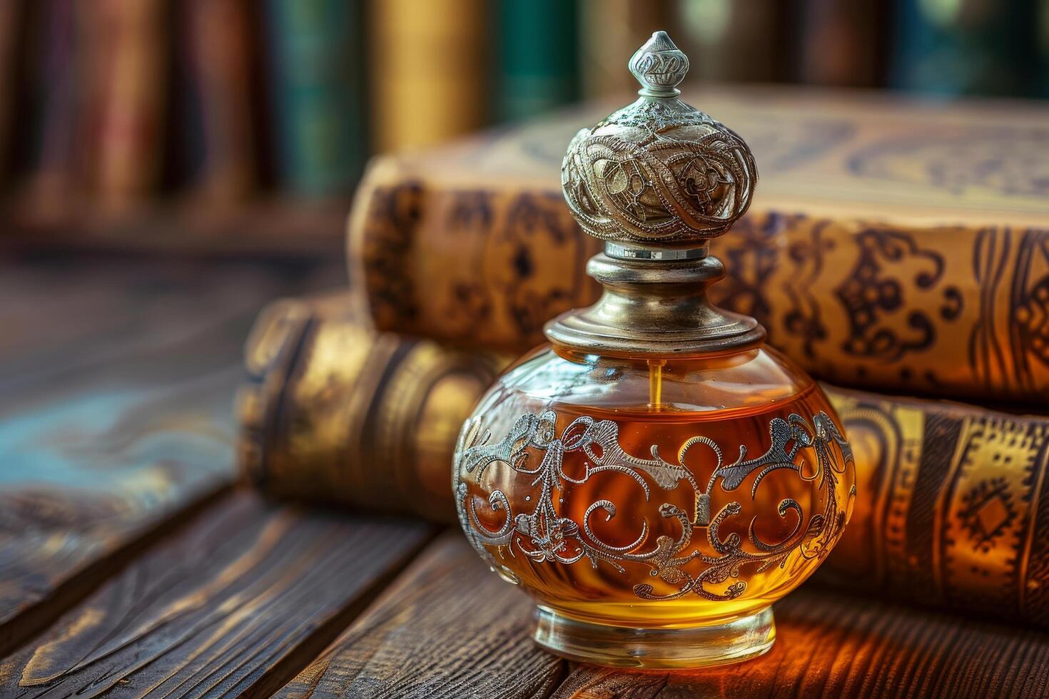 Ornate glass bottle with amber liquid on wooden table photo